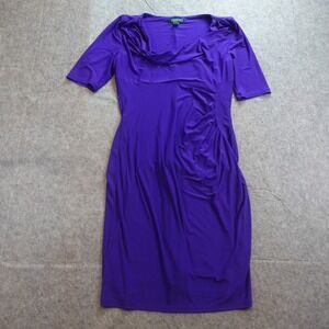 Ralph Lauren Dress Womens 16 Purple Ruched Cowl Neck Short Sleeve Sheath Jersey